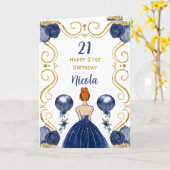 レッドヘアプリンセスネイビーハッピーバースデー カード (黄色い花)