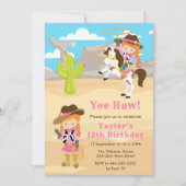 レッドヘア女性のカーボーイ誕生日パーティー 招待状 (正面)
