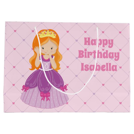 レッドヘッドかわいらしプリンセスピンクカスタムガールズ誕生日 ラージペーパーバッグ (裏面)