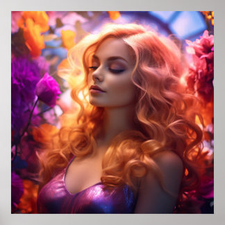 レッドヘッドウーマン&フラワーズ ポスター