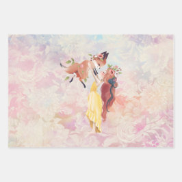 レッドヘッドガール及びベビーキツネイラストレーションヴィンテージ ラッピングペーパーシート