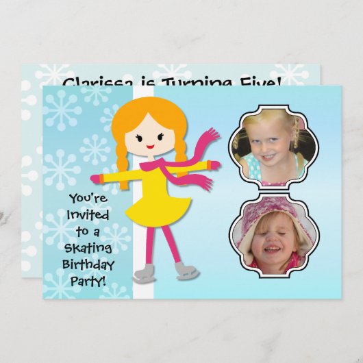レッドヘッドガール誕生日スケートで滑るパーティの招待状 招待状 (正面/裏面)