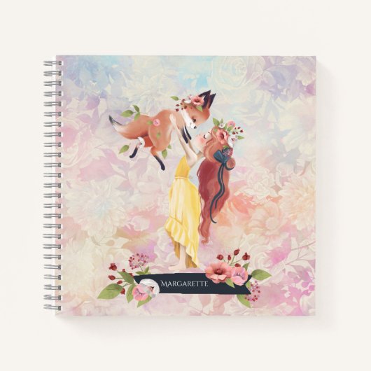 レッドヘッドガール&ベビーキツネイラストレーションデイリーダイアリー ノートブック (正面)