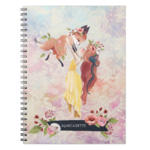 レッドヘッドガール&ベビーキツネイラストレーションデイリーダイアリー