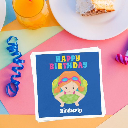 レッドヘッドスイムカスタムガールパーティーハッピーバースデー スタンダードカクテルナプキン