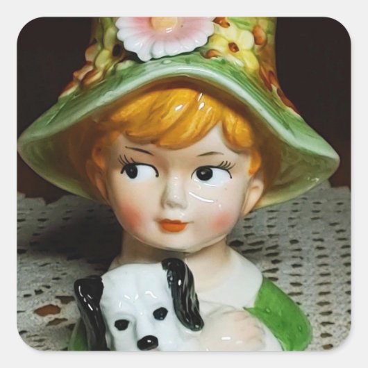 レッドヘッドチャイルド&パピー小さな女の子レディーヘッド花瓶 スクエアシール (正面)