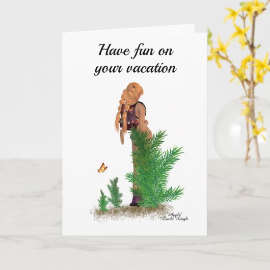 レッドヘッドハイカーバックパックピンナップガールグリーティングカード カード (黄色い花)