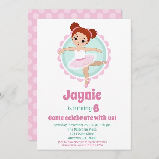 レッドヘッドバレリーナバレエ踊りバースデーパーティー 招待状 (正面/裏面)