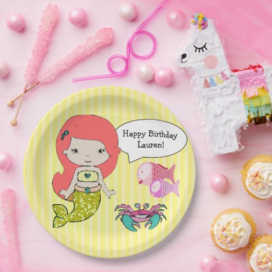レッドヘッドマーメイドイエローバースデーパーティープレート ペーパープレート (パーティー)