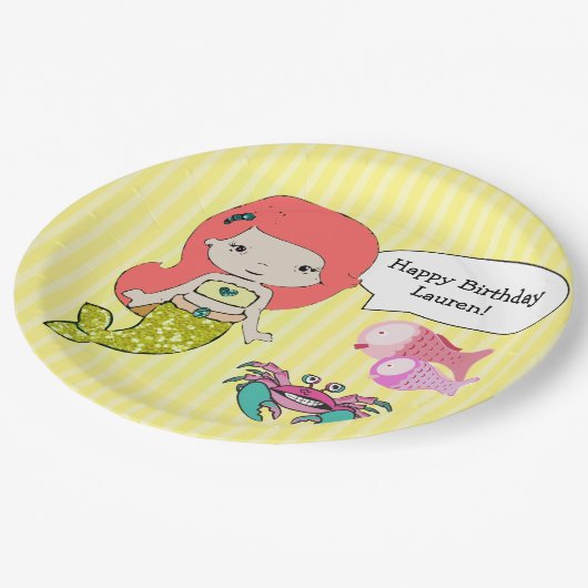 レッドヘッドマーメイドイエローバースデーパーティープレート ペーパープレート (アングル)