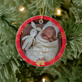 レッドベビークリスマスフォトスノーフレーク セラミックオーナメント