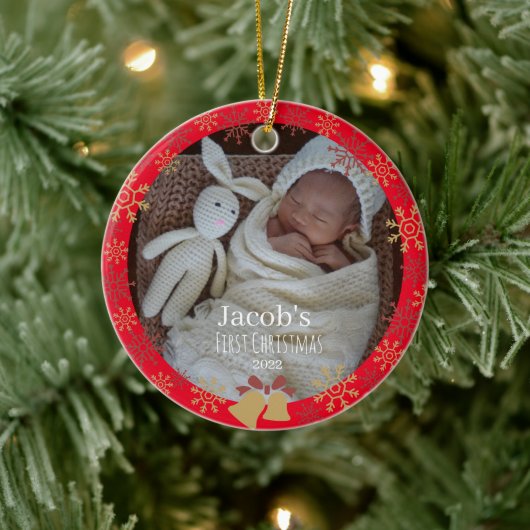 レッドベビークリスマスフォトスノーフレーク セラミックオーナメント (ツリー)