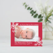 レッドベビーホリデー初めてのクリスマスフォトスノーフレーク シーズンポストカード (スタンド正面)