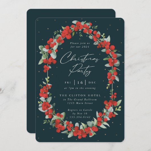レッドベリエレガントー+ユーカリプトゥスクリスマスパーティー 招待状 (正面/裏面)