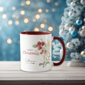レッドベリーのグリーンがエレガントなクリスマス 名入れ マグカップ
