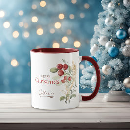 レッドベリーのグリーンがエレガントなクリスマス 名入れ マグカップ