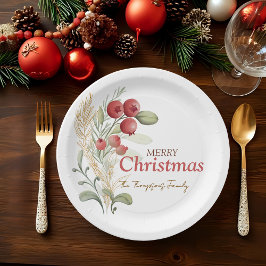 レッドベリーのグリーンが美しい植物モチーフのクリスマスパーティー ペーパープレート