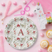 レッドベリークランベリーブランチモノグラムのクリスマス ペーパープレート (パーティー)