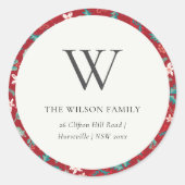 レッドベリークリスマスフローラモノグラムアドレス ラウンドシール (正面)