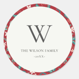 レッドベリークリスマスフローラルパターンモノグラム ラウンドシール