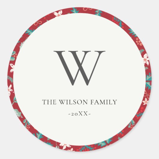 レッドベリークリスマスフローラルパターンモノグラム ラウンドシール (正面)