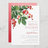 レッドベリークリスマスホリデーホリーブライダルシャワー 招待状 (正面/裏面)