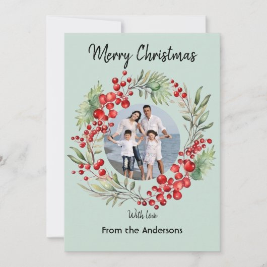 レッドベリークリスマスリースウィンターグリーングリーティング シーズンカード (正面)