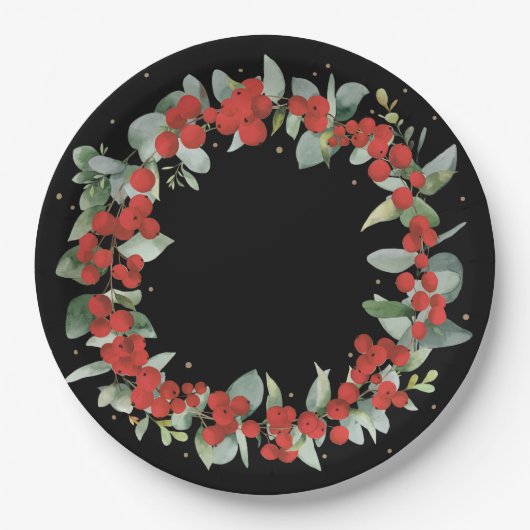 レッドベリークリスマスリースホリデーパーティー ペーパープレート (正面)