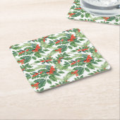 レッドベリーグリーンホリーフローラクリスマスホリデー スクエアペーパーコースター (アングル)