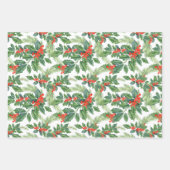 レッドベリーグリーンホリーフローラクリスマスホリデー ラッピングペーパーシート (正面2)