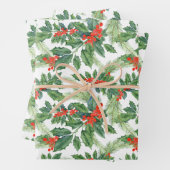 レッドベリーグリーンホリーフローラクリスマスホリデー ラッピングペーパーシート (インサイチュ)