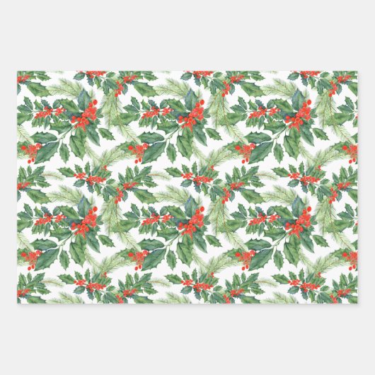 レッドベリーグリーンホリーフローラクリスマスホリデー ラッピングペーパーシート (正面)