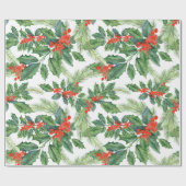 レッドベリーグリーンホリーフローラクリスマスホリデー ラッピングペーパー (フラット)