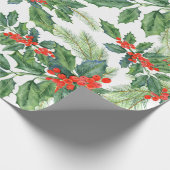 レッドベリーグリーンホリーフローラクリスマスホリデー ラッピングペーパー (角)