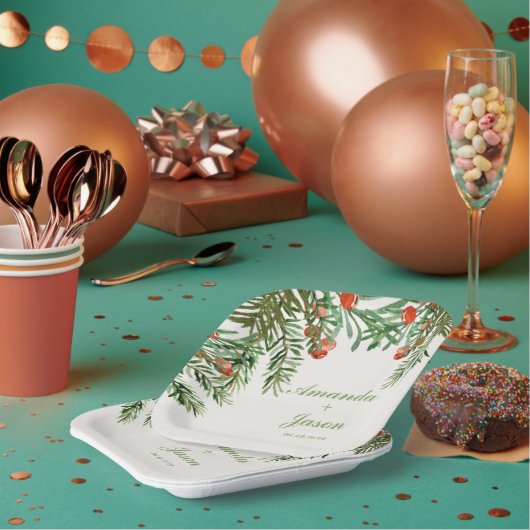 レッドベリーパインコーンクリスマスウェディングパーティー ペーパープレート (複数)