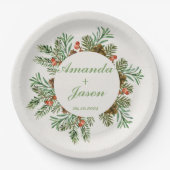 レッドベリーパインコーンクリスマスウェディングパーティー ペーパープレート (正面)