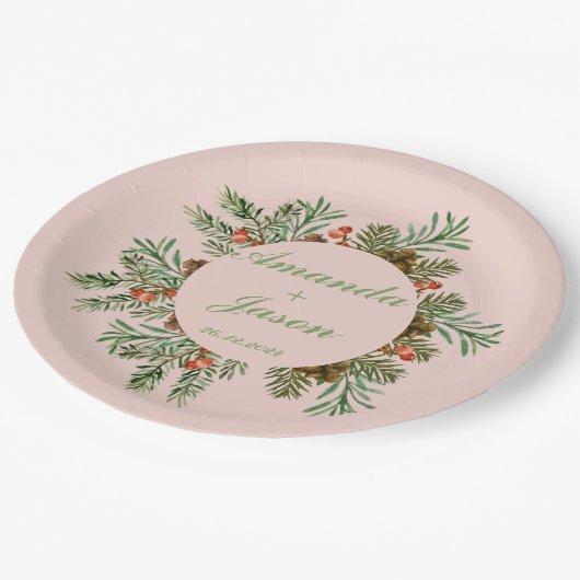 レッドベリーパインコーンクリスマスウェディングパーティー ペーパープレート (アングル)