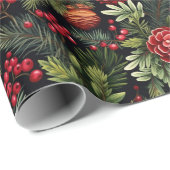 レッドベリーピネコーンパイン枝フローラクリスマスギフト ラッピングペーパー (ロールコーナー)
