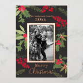 レッドベリーファミリーフォトクリスマスホリデーカード 箔シーズンカード (正面)