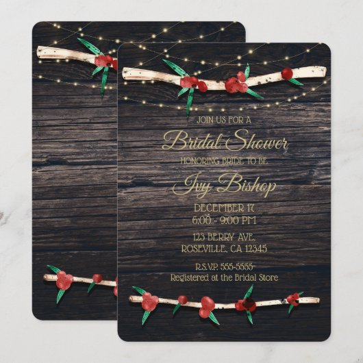 レッドベリーブランチ&ライト素朴ブライダルシャワー 招待状 (正面/裏面)