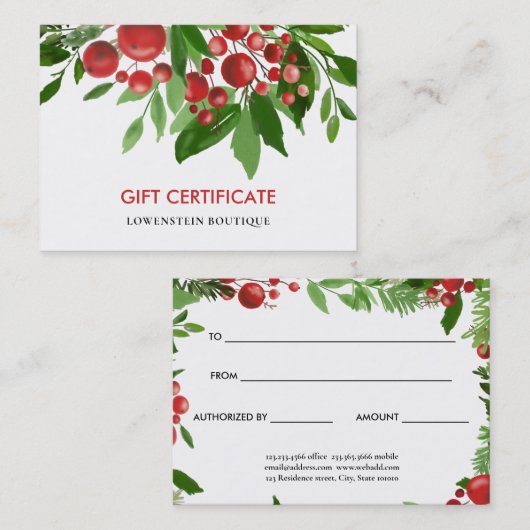 レッドベリーホリークリスマスクリスマスギフト券 割引カード (正面/裏面)