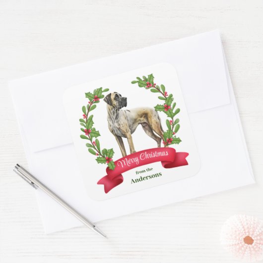 レッドベリーホリーバナーグレート犬のクリスマス スクエアシール (封筒)