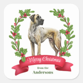 レッドベリーホリーバナーグレート犬のクリスマス スクエアシール