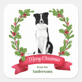 レッドベリーホリーバナーコリー縁どドッグクリスマス スクエアシール