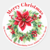 レッドベリーホリー離れズポインセティアスクリスマス ラウンドシール (正面)