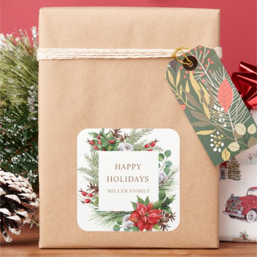 レッドベリーポインセチア・モノグラム スクエアシール (クリスマス)