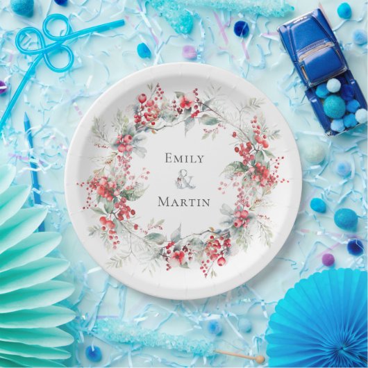 レッドベリーポインセティアスリース結婚クリスマス ペーパープレート (パーティー)