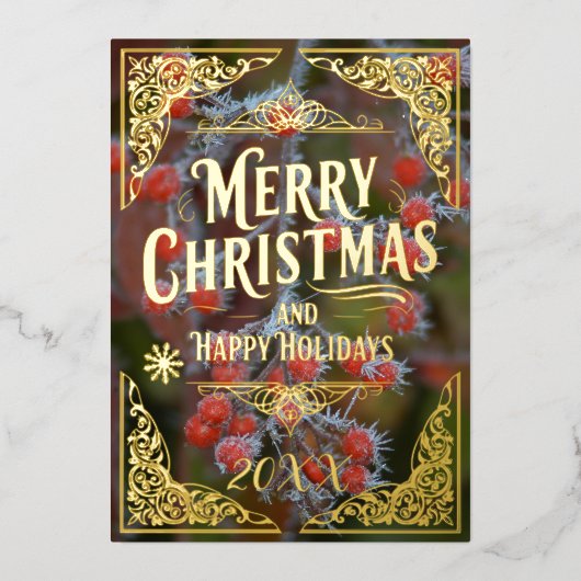 レッドベリーメリークリスマスハッピーホリデーズイヤー 箔シーズンカード (正面)