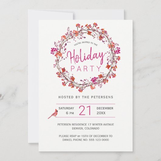 レッドベリーリースウィンタークリスマスホリデーパーティー 招待状 (正面)