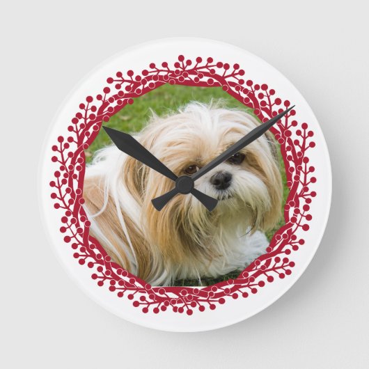 レッドベリーリースカスタムの写真フレームデザイン ラウンド壁時計 (正面)